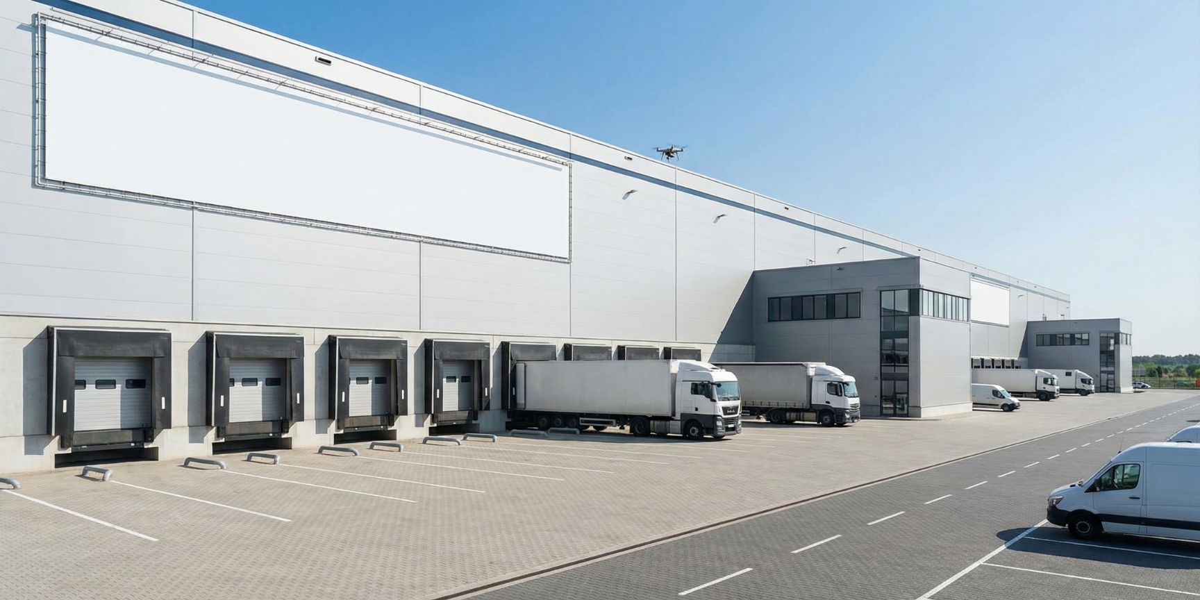 Exterior view of a large, modern logistics property with several loading ramps, docked trucks and delivery vans on a clean premises
